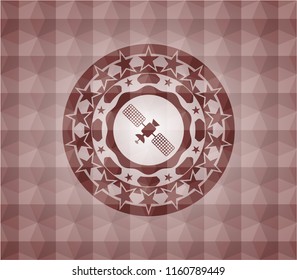 satelite icon inside red seamless emblem or badge with geometric pattern background.