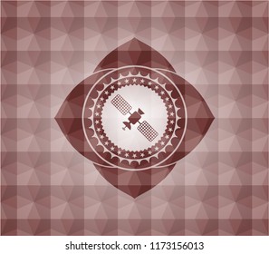 satelite icon inside red seamless emblem with geometric background.