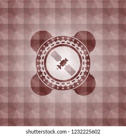 satelite icon inside red seamless emblem or badge with abstract geometric polygonal pattern background.