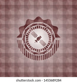 satelite icon inside red seamless emblem or badge with geometric pattern background.