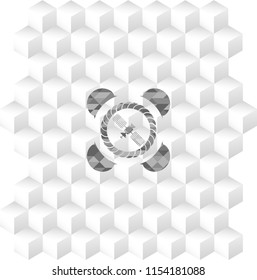 satelite icon inside retro style grey emblem with geometric cube white background