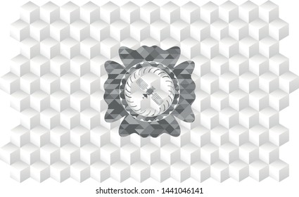 satelite icon inside retro style grey emblem with geometric cube white background