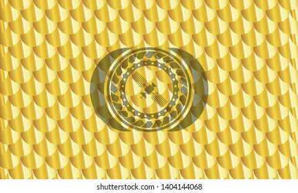 satelite icon inside shiny golden badge. Scales pattern. Vector Illustration. Detailed.