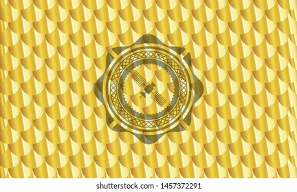 satelite icon inside shiny golden emblem. Scales pattern. Vector Illustration. Detailed.