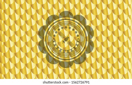 satelite icon inside shiny golden emblem. Scales pattern. Vector Illustration. Detailed.