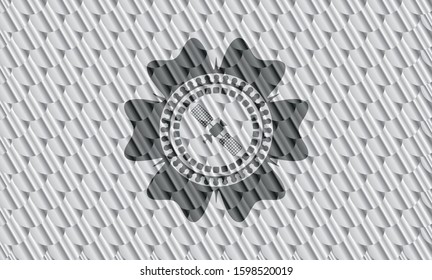 satelite icon inside shiny silver badge. Scales pattern. Vector Illustration. Detailed.