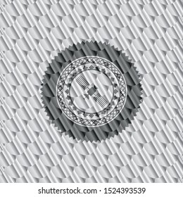 satelite icon inside silver badge. Scales pattern. Vector Illustration. Detailed.