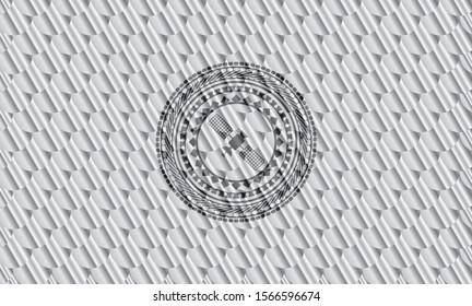 satelite icon inside silver badge or emblem. Scales pattern. Vector Illustration. Detailed.