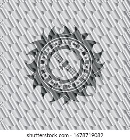 satelite icon inside silver badge. Scales pattern. Vector Illustration. Detailed.