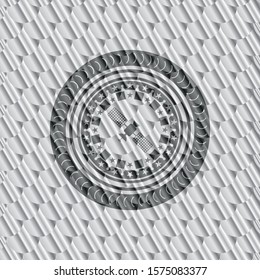 satelite icon inside silver color badge or emblem. Scales pattern. Vector Illustration. Detailed.