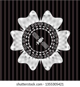 satelite icon inside silver emblem or badge
