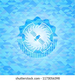 satelite icon inside sky blue emblem with triangle mosaic background