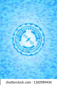 satelite icon inside sky blue emblem with mosaic ecological style background