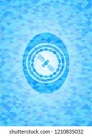 satelite icon inside sky blue emblem. Mosaic background
