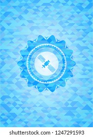 satelite icon inside sky blue emblem with triangle mosaic background
