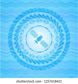 satelite icon inside sky blue water emblem background.