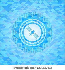 satelite icon inside sky blue emblem. Mosaic background