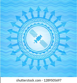 satelite icon inside sky blue water style emblem.