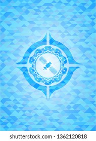 satelite icon inside sky blue emblem with mosaic background