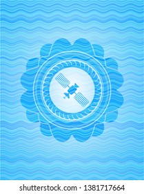 satelite icon inside sky blue water wave badge.