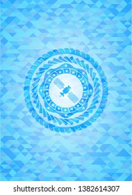 satelite icon inside sky blue emblem with mosaic background