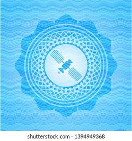satelite icon inside sky blue water style badge.