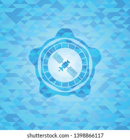 satelite icon inside sky blue emblem with mosaic ecological style background