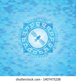 satelite icon inside sky blue emblem with mosaic background
