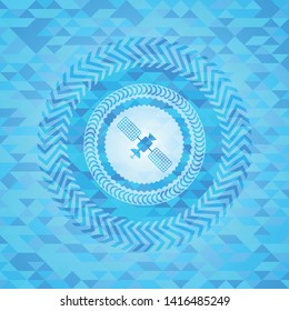 satelite icon inside sky blue emblem with mosaic background