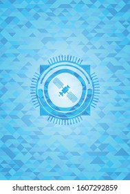 satelite icon inside sky blue emblem with mosaic background