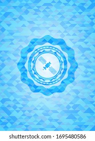 satelite icon inside sky blue emblem. Mosaic background
