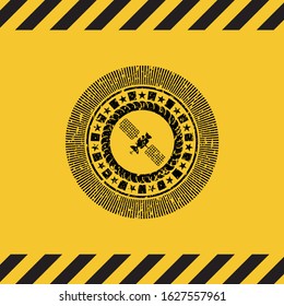 satelite icon inside warning sign, black grunge emblem. Vector Illustration. Detailed.