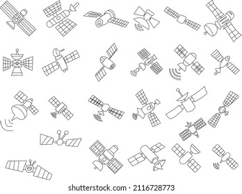 handgezeichnete Satellitenkollektion, Kommunikation auf weißem, isoliertem Hintergrund