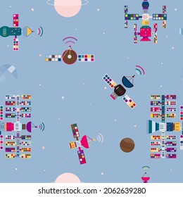 satelitte in open space,flat vector seamless pattern