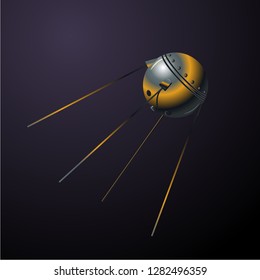 Satellit first from USSR. Realistic cartoon illustration. Vector clip art on isolated background.