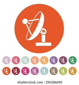 The satellite antenna icon. Communicate and broadcast, telecommunications symbol. Flat Vector illustration. Button Set