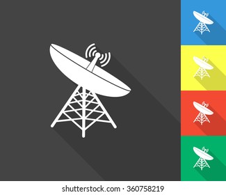 satellite antenna icon - gray and colored (blue, yellow, red, green) vector illustration with long shadow
