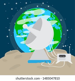 Satellite antenna on the moon with earth planet and stars - Vector