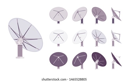 Satellite antenna set. Dish shaped information receiver, home equipment for roof or wall mount to capture tv signal. Vector flat style cartoon illustration isolated, white background, different views