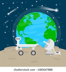 Satellite antenna and space rover on the moon and the earth planet - Vector