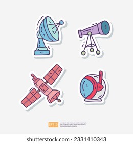 Satellite antenna, space telescope, Satellite Spaceship, Astronaut Helmet Doodle Sticker Icon Set. Space Adventure and Cosmos Vector illustration