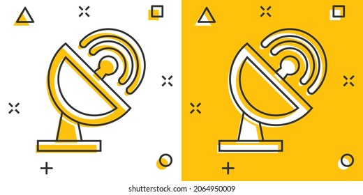 Satellite antenna tower icon in comic style. Broadcasting cartoon
vector illustration on white isolated background. Radar splash effect business concept.