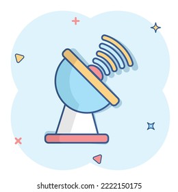 Satellite antenna tower icon in comic style. Broadcasting cartoon
vector illustration on white isolated background. Radar splash effect business concept.