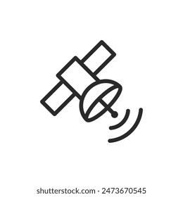 Satellite with antenna transmitting signal, linear style icon. Editable stroke width