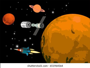 Satellite around the planet, black space on backgound