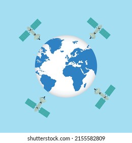 Satellite around world globe vector. Satellites are running around the world concept. Communication satellite flying orbital spaceflight around the earth. A space station with solar panels.