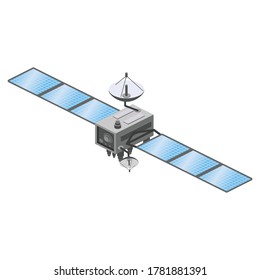 Satellite artificial communication wireless technology GPS . Spacecraft with solar panels. Vector illustration isolated