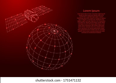 Satellite artificial is flying over the globe from futuristic polygonal red lines and glowing stars for banner, poster, greeting card. Vector illustration.