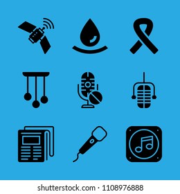 satellite, awareness ribbon, drop, music file, microphone, microphone, chandelier, newspaper and microphone vector icon. Simple icons set