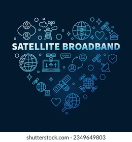 Satellite Broadband vector outline heart shaped blue banner. Internet Technology concept line illustration with dark background